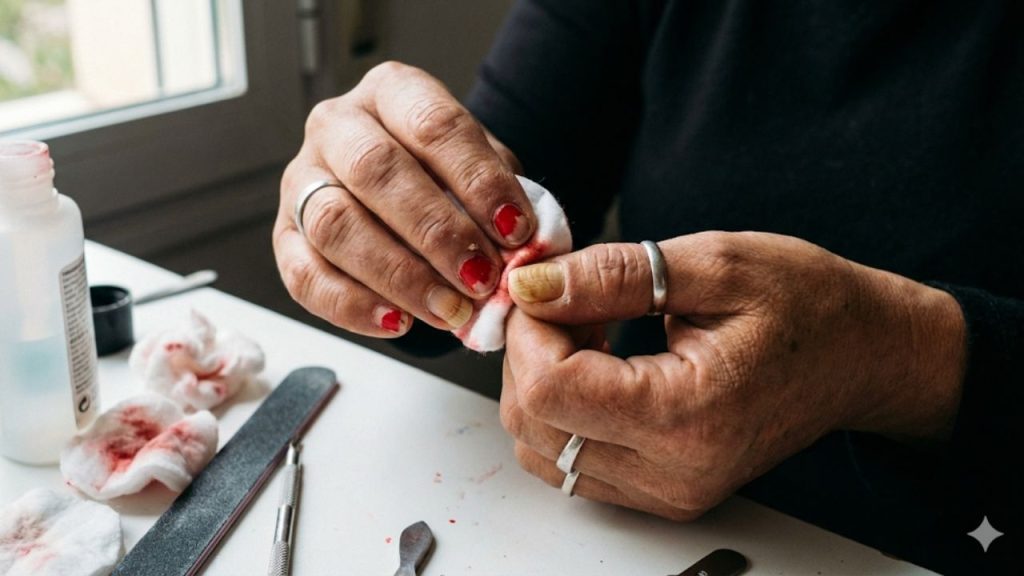 Detalhe das mãos removendo o esmalte antigo e revelando a unha amarelada por baixo.