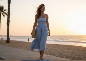 Azul-claro substitui o branco nos looks do verão 2026