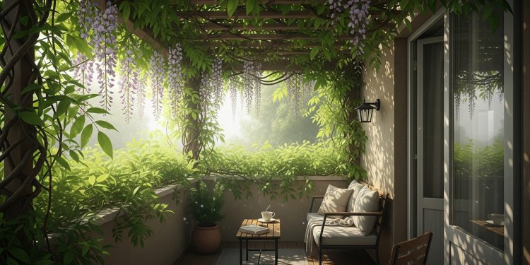 A glicínia, conhecida também como wisteria, cobre estruturas com um volume de folhas capaz de reduzir a temperatura ao redor