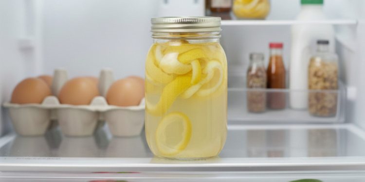 Um frasco de cascas de limão e álcool é o método eficaz da limpeza da geladeira