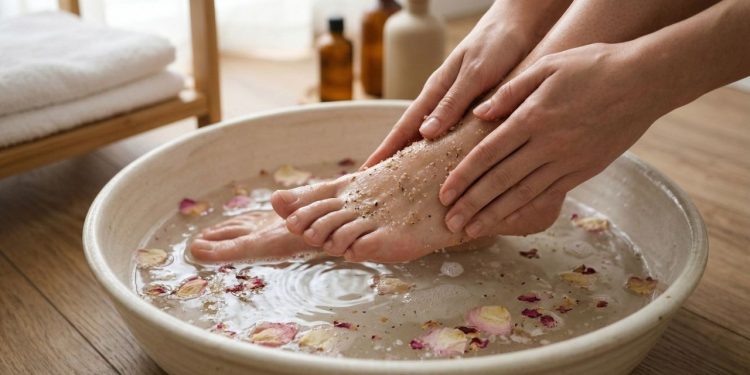 Spa dos pés suaviza manchas e marcas de sandália com imersão, esfoliação e hidratação
