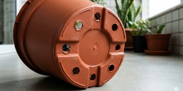 Macete de furar o vaso de plástico com ferro de solda para drenar a água melhor
