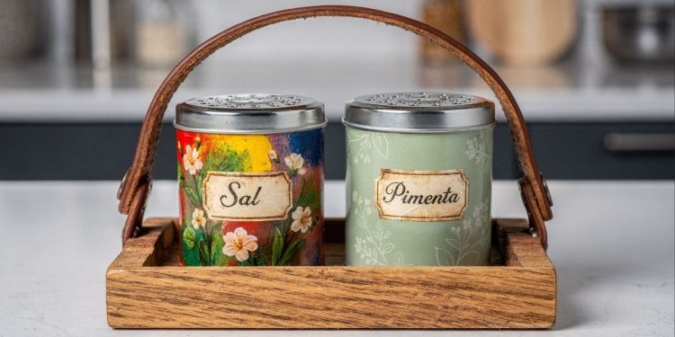 Reciclar latas de conserva transforma a mesa com um porta-sal e porta-pimenta sustentável