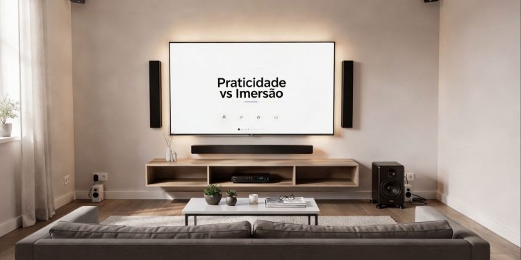 Sala pequena exige escolha inteligente entre soundbar e home theater para equilibrar espaço, imersão e facilidade de uso