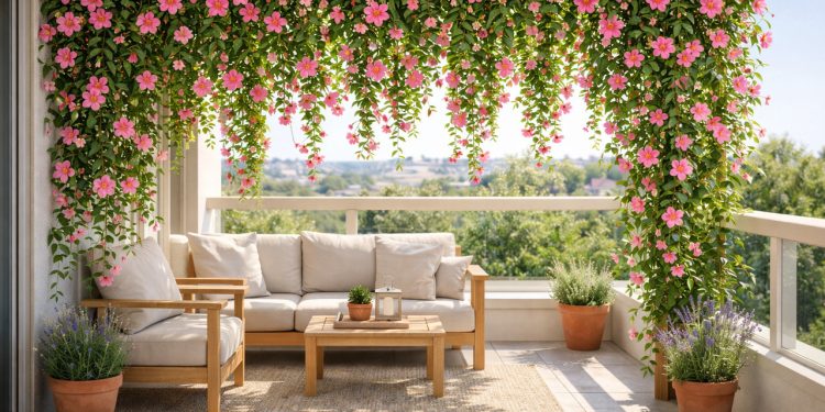 A planta trepadeira que cria uma cascata de flores lindas na sua varanda