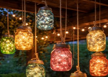 As luminárias com potes de vidro que transformam restos de cordão de luz em decoração aconchegante