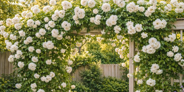 Essa rosa trepadeira é fácil de plantar, cresce rápido e cobre muros com flores brancas impecáveis