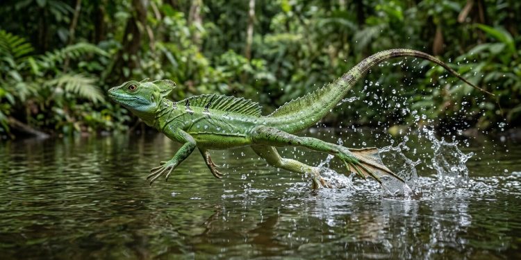 Lagarto-basilisco corre sobre a água usando velocidade e membranas expansíveis nas patas