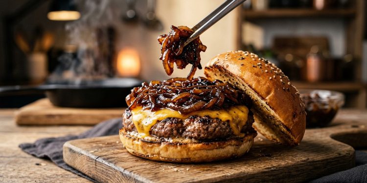 Cebola caramelada para hambúrguer transforma carnes e sanduíches com poucos ingredientes e fogo baixo