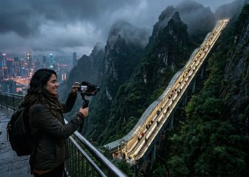 Na China, foi inaugurada uma escada rolante que sobe a montanha: quase 1 km sem precisar caminhar.