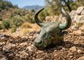 Ele sai para passear nas montanhas e encontra uma pequena cabeça de touro de bronze de 3.000 anos atrás.