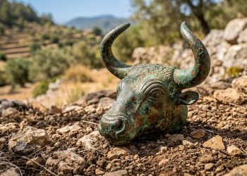 Ele sai para passear nas montanhas e encontra uma pequena cabeça de touro de bronze de 3.000 anos atrás.