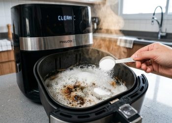 Deixei esse produto agindo por 5 minutos na minha air fryer e parecia nova, sem precisar esfregar
