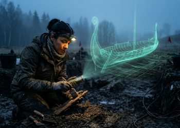 Pesquisadores encontraram um navio viking perfeitamente preservado sob o solo de uma fazenda na Noruega após imagens de radar revelarem sua forma