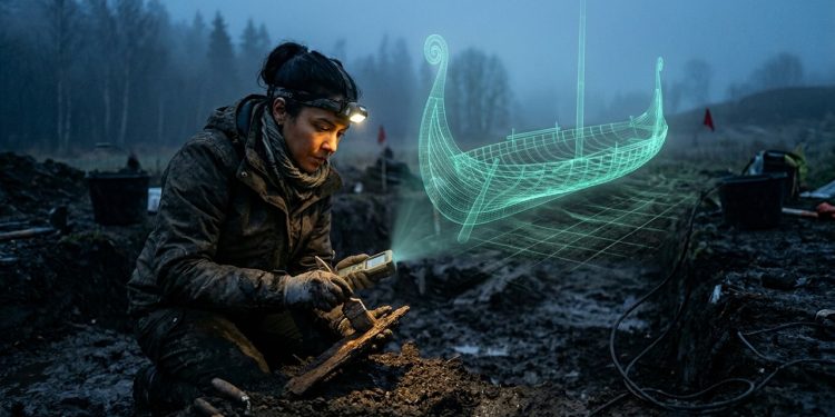 Pesquisadores encontraram um navio viking perfeitamente preservado sob o solo de uma fazenda na Noruega após imagens de radar revelarem sua forma
