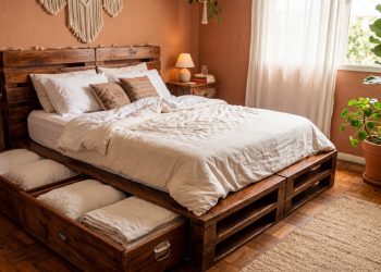 Usando pallets baratos, você cria um móvel funcional com gavetas gastando menos que uma cama comum