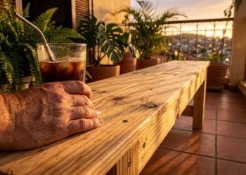 Homem construiu um banco de madeira para varanda em 3 horas usando apenas 12 parafusos e ferramentas básicas