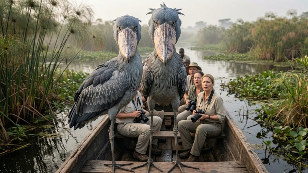 Uma ave enorme, semelhante a um dinossauro, pousa em um barco turístico na África