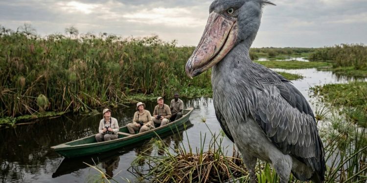 Uma ave enorme, semelhante a um dinossauro, pousa em um barco turístico na África