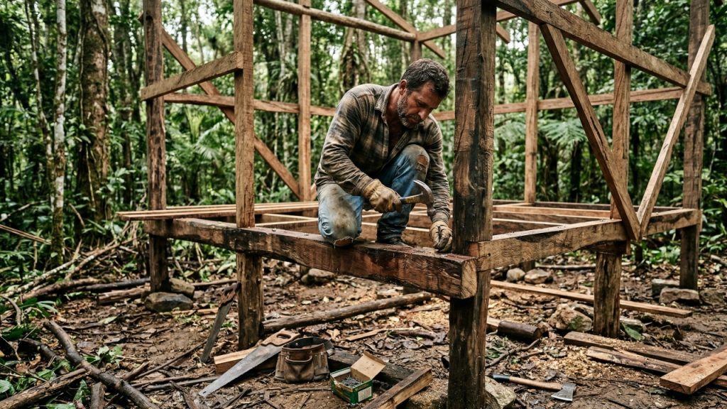 Homem constrói sozinho uma cabana de dois andares impressionante na floresta