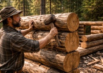 Homem constrói cabana de toras na floresta usando pedras, madeira e ferramentas simples