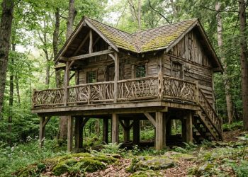 Homem constrói sozinho uma cabana de dois andares impressionante na floresta