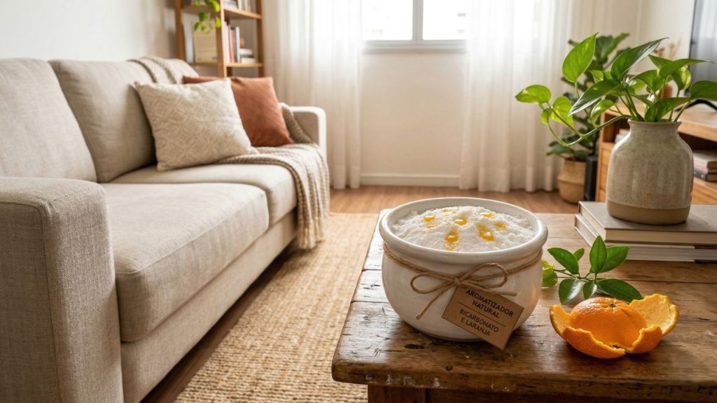 Bicarbonato e óleo de laranja: o truque simples que deixa a sala com cheiro de casa nova