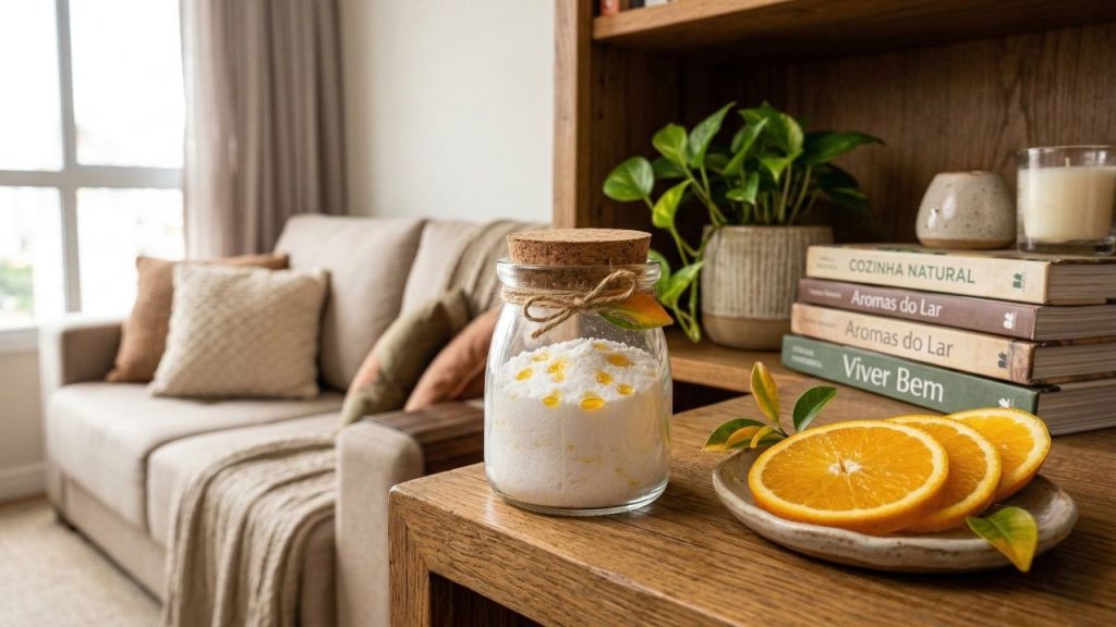 Bicarbonato e óleo de laranja: o truque simples que deixa a sala com cheiro de casa nova