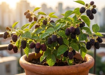 Esta frutífera se adapta bem a vasos fundos, varandas ensolaradas e dá frutos escuros ricos em antocianinas mesmo em regiões de inverno seco