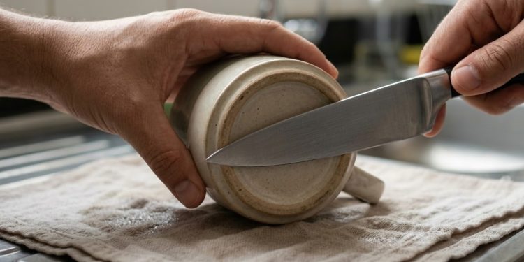 Repita o movimento firme e contínuo de cinco a dez vezes de cada lado para criar um novo fio de corte emergencial