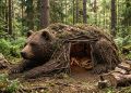 Homem cria abrigo em formato de urso na floresta e consegue viver ali por 68 dias