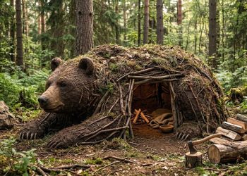 Homem cria abrigo em formato de urso na floresta e consegue viver ali por 68 dias