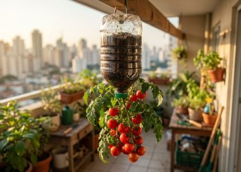 Aprenda como plantar tomates de cabeça para baixo em garrafas PET na varanda de casa sem precisar de muito espaço