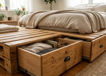 Essa ideia com pallet une economia e organização em um móvel útil para o quarto