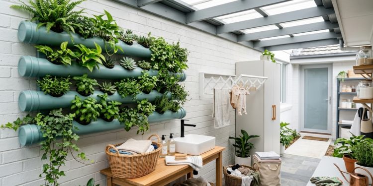 Como montar uma lavanderia funcional com jardim vertical, toldo e varal moderno em pouco espaço