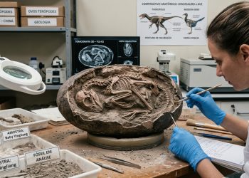 Um filhote de dinossauro enroscado dentro de um ovo, descoberto em perfeito estado de conservação, após 21 anos de pesquisa