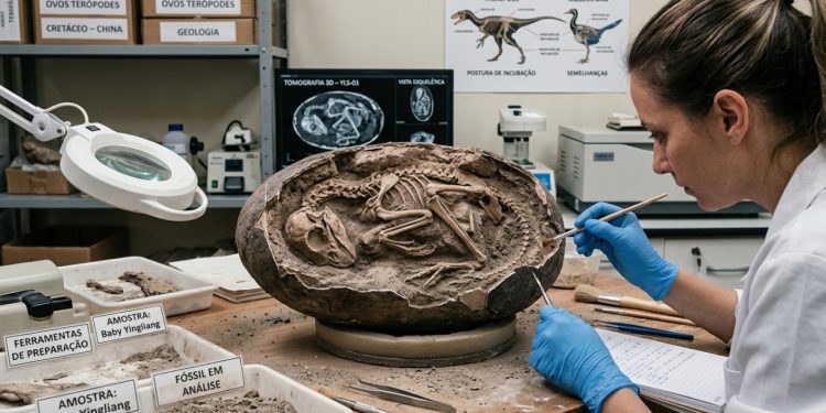 Um filhote de dinossauro enroscado dentro de um ovo, descoberto em perfeito estado de conservação, após 21 anos de pesquisa