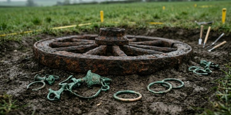 O que veio à tona nas escavações seguintes surpreendeu os arqueólogos: peças de pelo menos sete carroças de quatro rodas da Idade do Ferro, enterradas ritualmente entre 100 a.C. e 40 d.C.