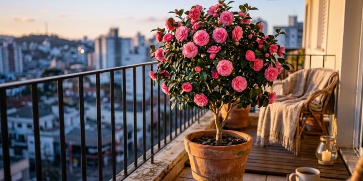 Ter uma árvore em um terraço pequeno parece contraditório, mas a camélia japonesa (Camellia japonica) prova que elegância e espaço limitado convivem perfeitamente