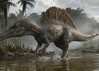 Espinossauro com crista de espada caminha em águas rasas de um antigo delta.