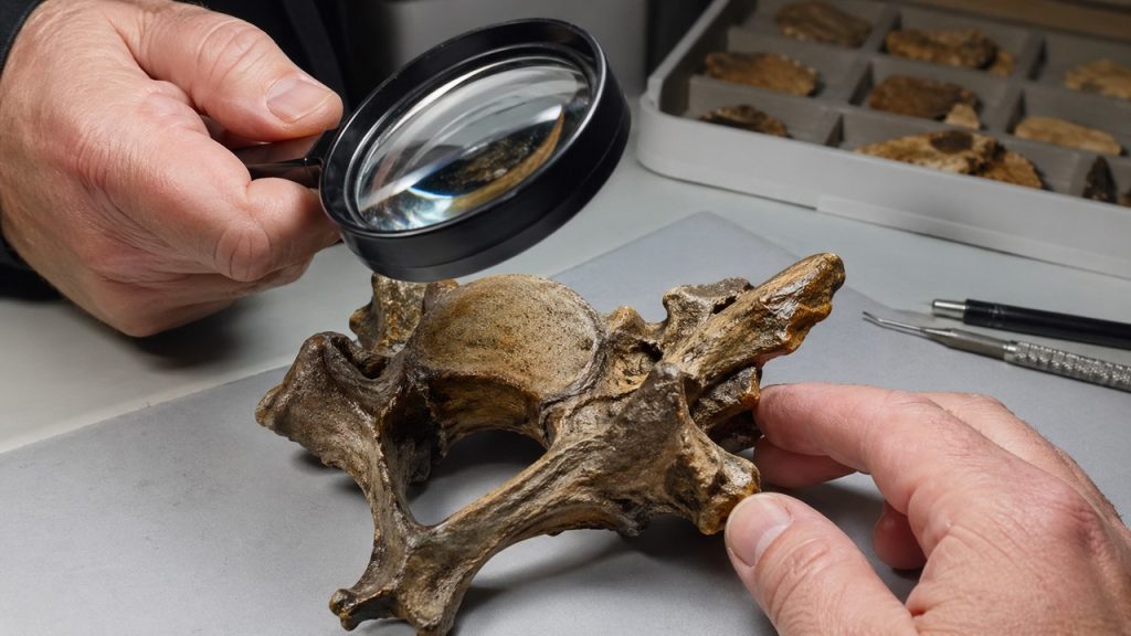 Vértebra cervical fossilizada é examinada com lupa em bancada de laboratório.