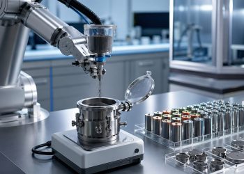 Braço robótico prepara material de bateria em um reator de laboratório.