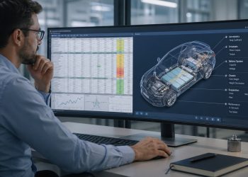 Engenheiro analisa planilha com variáveis de projeto e modelo digital de carro.
