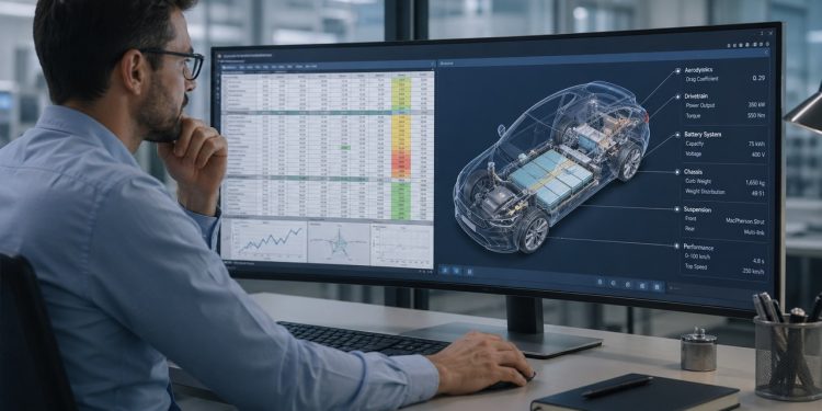 Engenheiro analisa planilha com variáveis de projeto e modelo digital de carro.