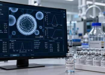 Nanopartículas lipídicas são analisadas em laboratório para vacinas de RNA.