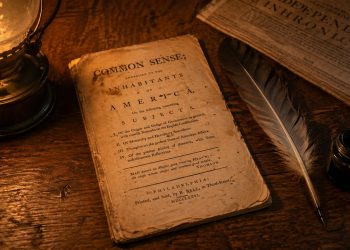 Panfleto antigo de Common Sense aparece sobre mesa com pena e jornal colonial.