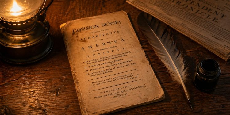 Panfleto antigo de Common Sense aparece sobre mesa com pena e jornal colonial.