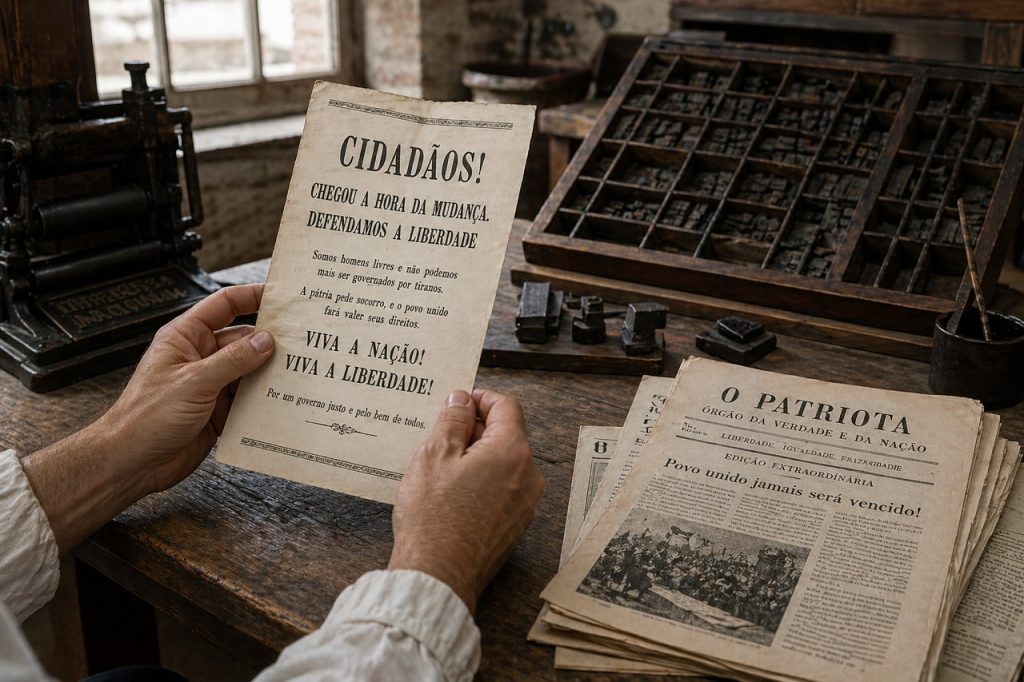 Mãos seguram um panfleto político antigo em uma oficina colonial.