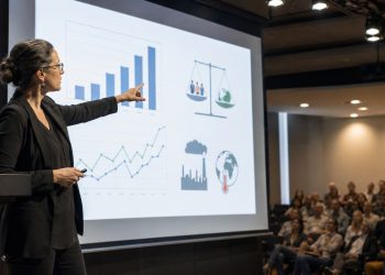 Filósofa apresenta gráficos sobre desigualdade e clima em auditório.
