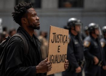 Homem negro participa de marcha pacífica com postura firme diante da repressão.